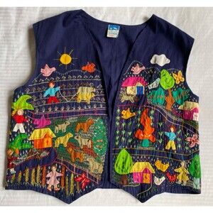 Colombian CUYAMUNA Vintage Handmade Boho Appliqué Embroidered Vest Folk Hippie